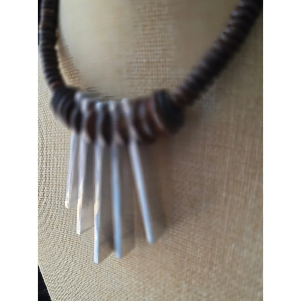 M.E. Signed Wood Disc and Brushed Silver Tone Bar Fringe Statement Necklace